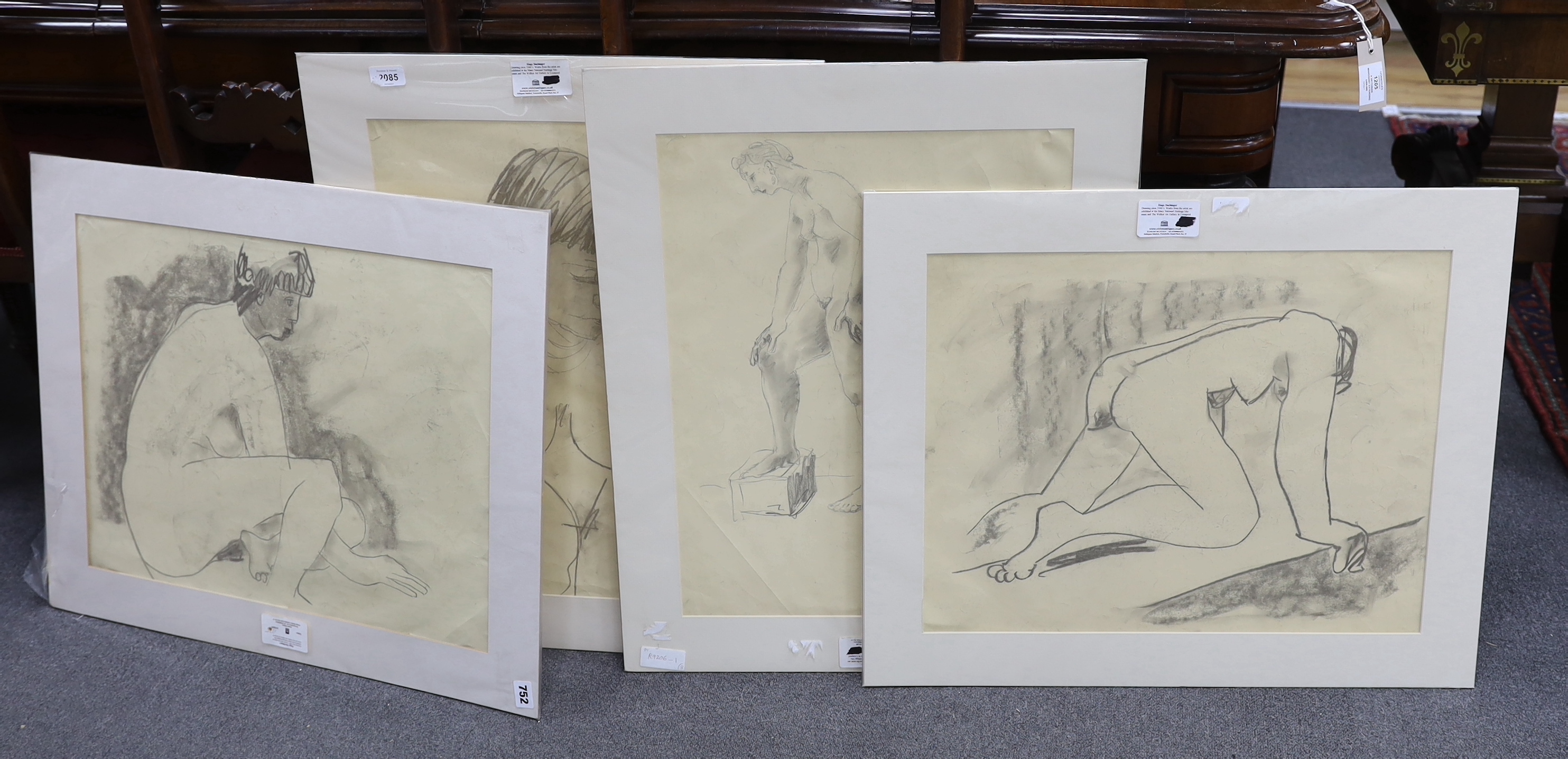 Hugo “Puck” Dachinger (1908-1995), six charcoal sketches, Nude studies, unsigned, four mounted, largest 53 x 40cm, two framed